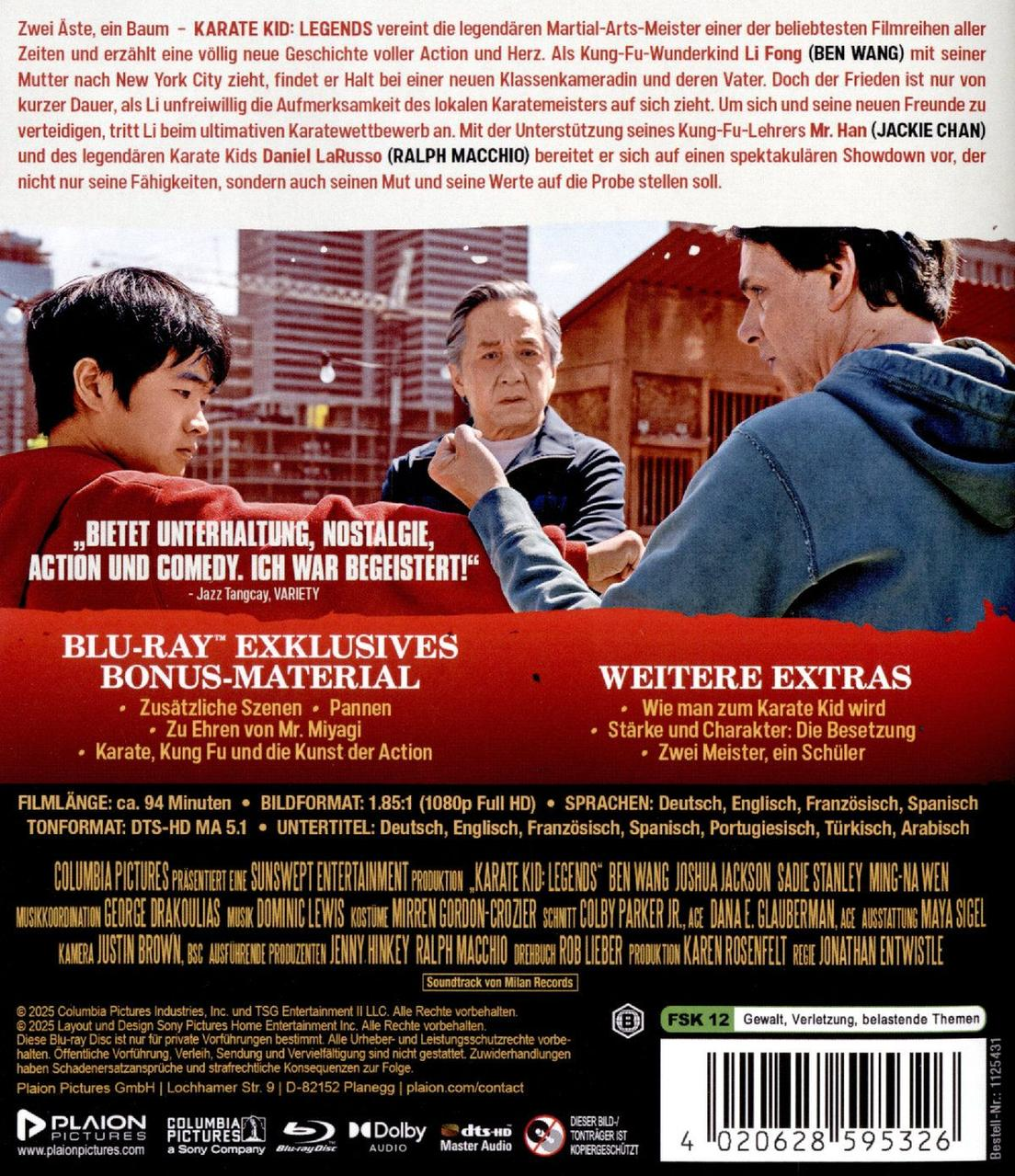 Filmplakat für Karate Kid: Legends. Zeigt Schauspieler, Text und Blu-ray-Details. Enthält ein Zitat und eine Bewertung.