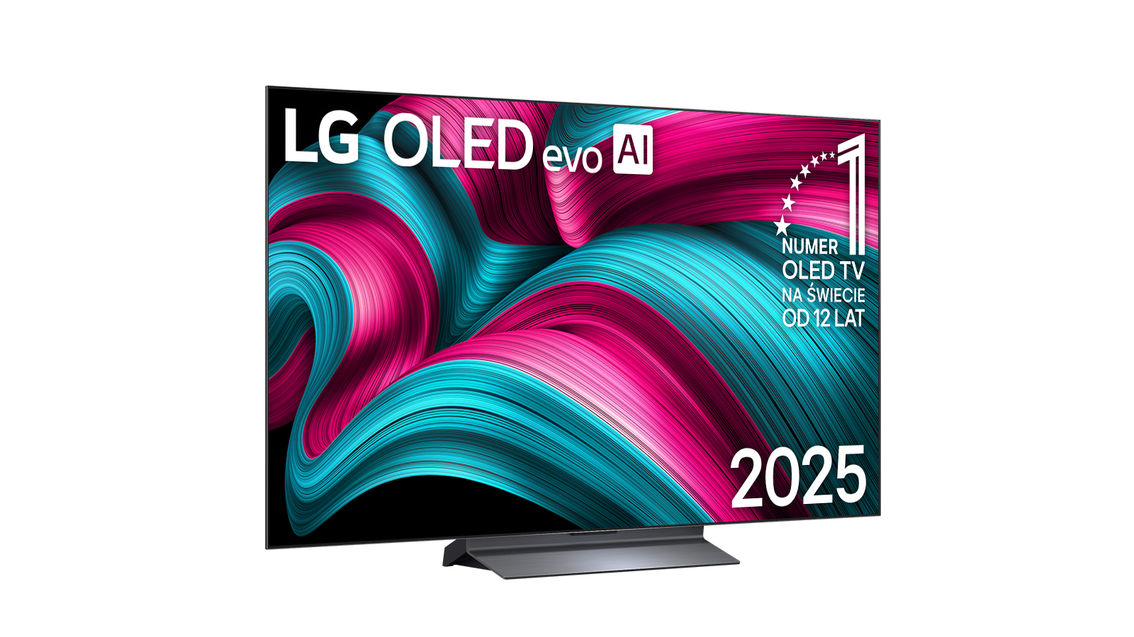 Telewizor LG OLED, czarna ramka, kolorowy abstrakcyjny wyświetlacz. Zawiera '2025' i tekst po polsku, oznaczający numer 1 OLED TV od 12 lat.