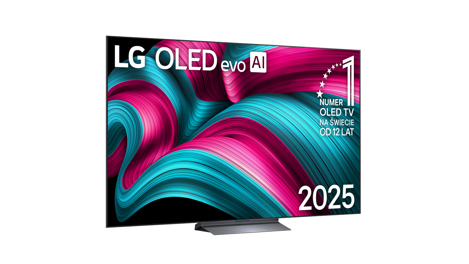Telewizor LG OLED evo AI. Wyświetlacz z różowym i turkusowym abstrakcyjnym wzorem. Tekst: Numer 1 TV OLED od 12 lat. Rok 2025.