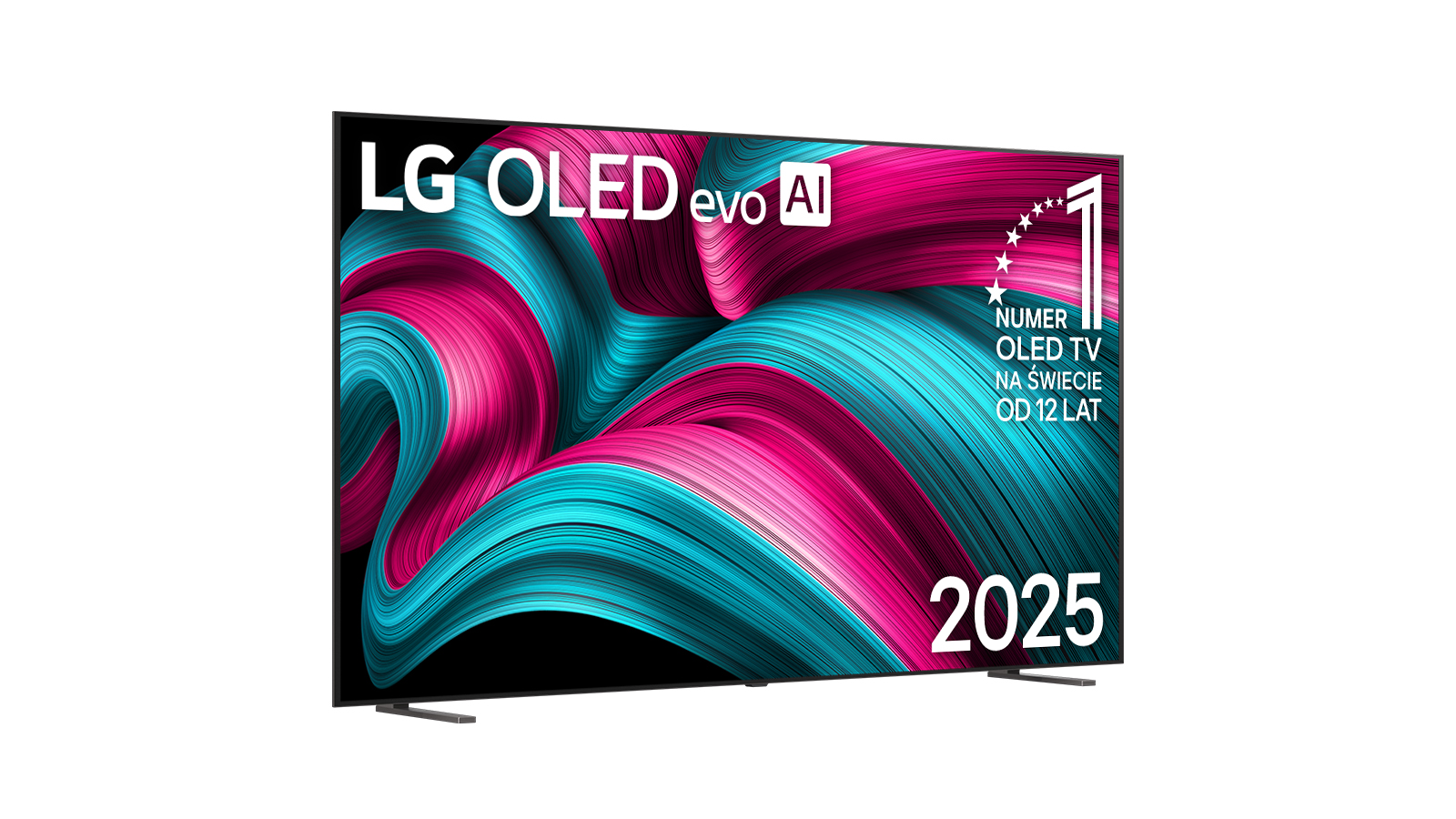 Telewizor LG OLED evo AI. Ekran pokazuje abstrakcyjne niebieskie i różowe linie. Zawiera tekst: Numer 1 OLED TV od 12 lat, i 2025.