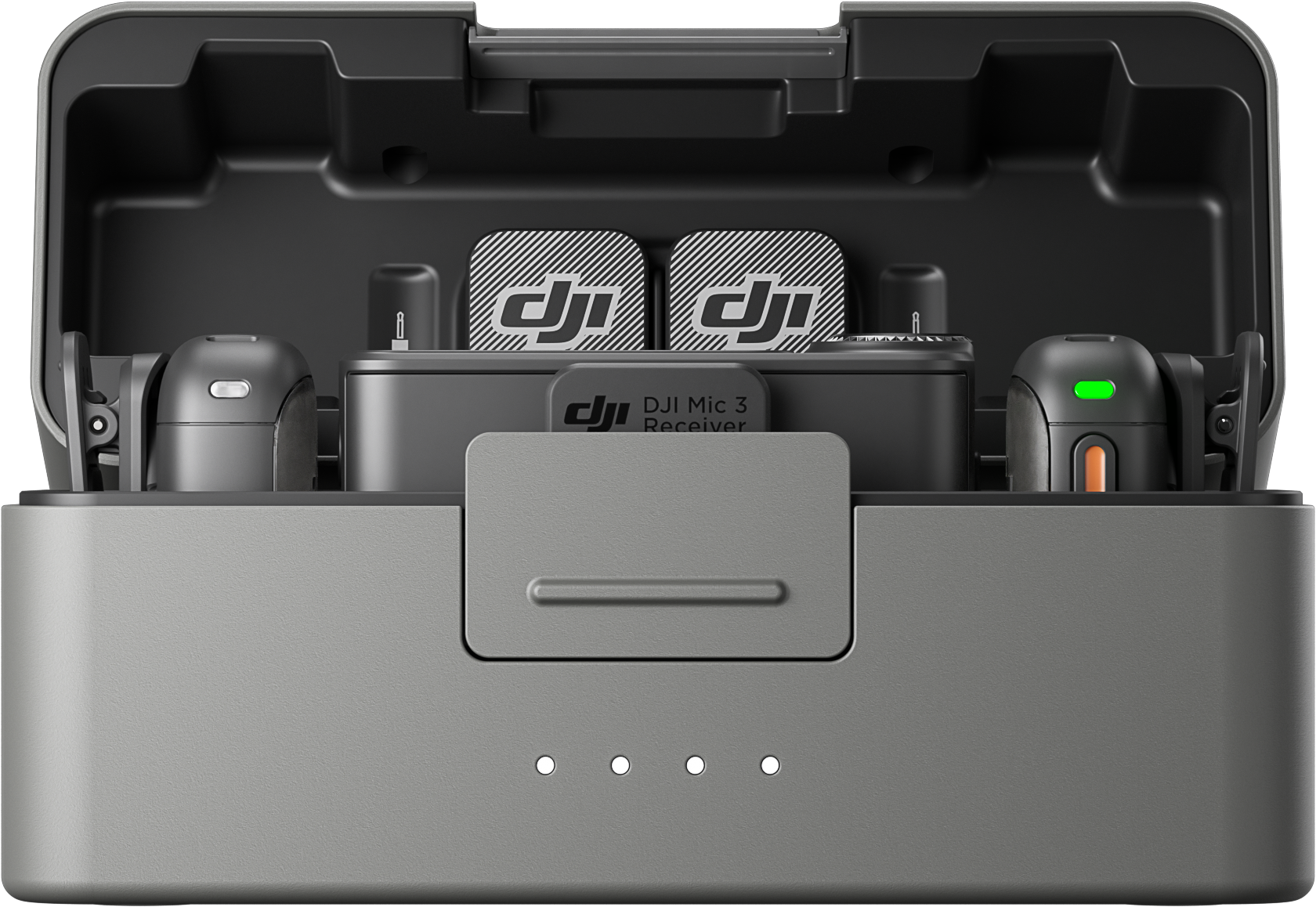DJI Mic 3 töltőtok. Tartalmazza a vevőt és két adót. A vevőn a 'DJI Mic 3 Receiver' felirat látható.