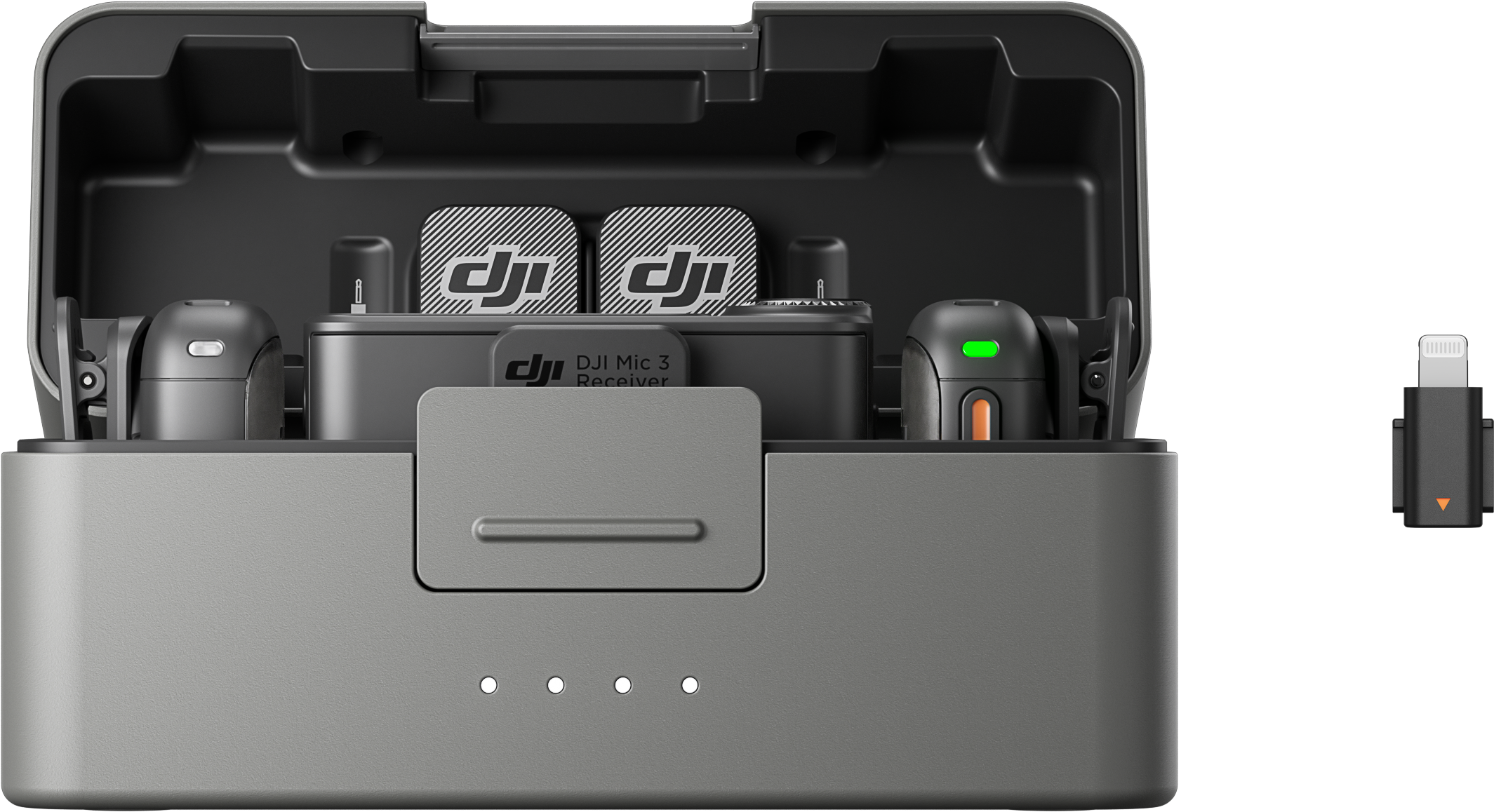 DJI Mic 3 töltőtok, vevővel, adókkal és Lightning adapterrel. A tok szürke és fekete, zöld és narancssárga jelzőkkel.