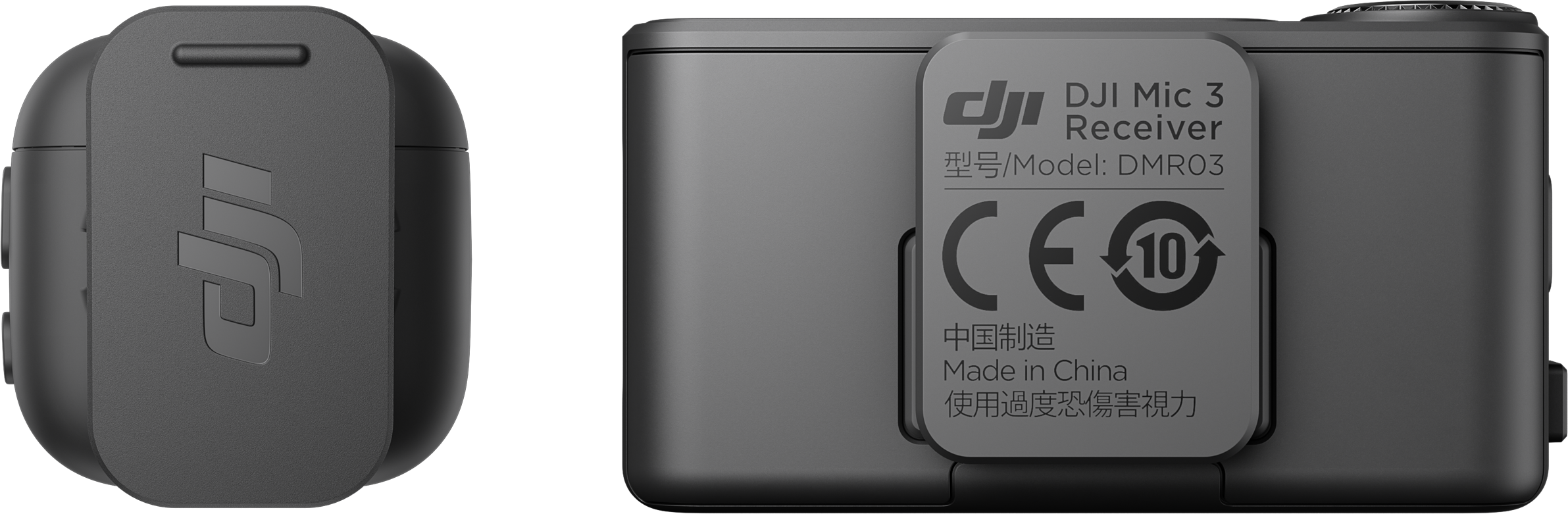 Fekete DJI Mic 3 vevő. A DJI logót, a modellinformációkat és a 'Made in China' címkét mutatja, biztonsági tanúsítványokkal.