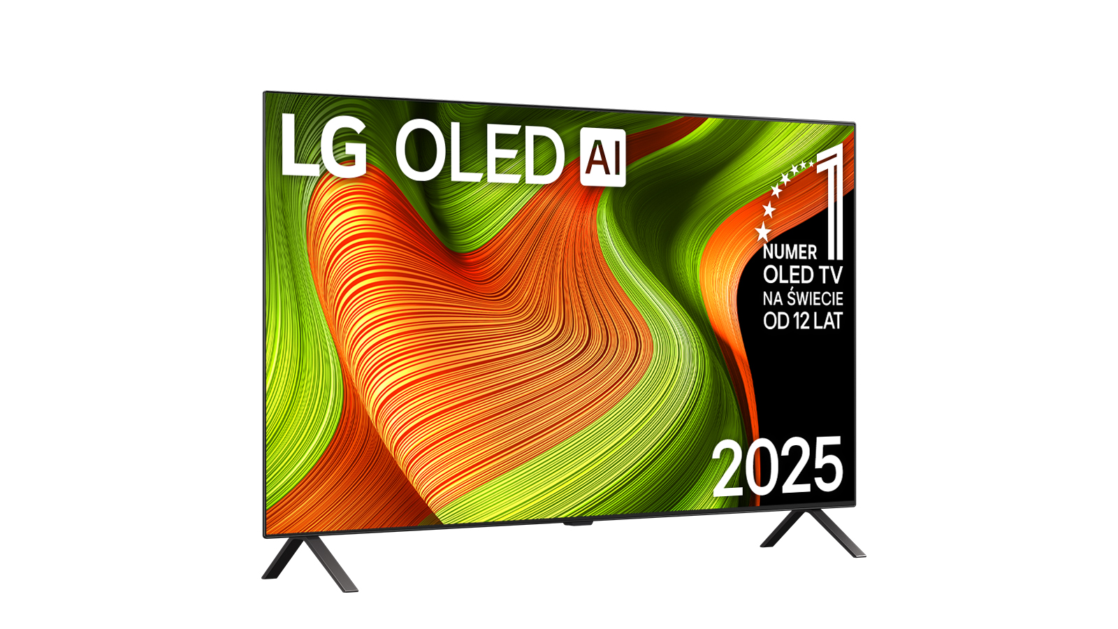 Telewizor LG OLED AI. Na ekranie kolorowy abstrakcyjny wzór. Stojak jest czarny. Tekst: OLED, 2025 i numer jeden.