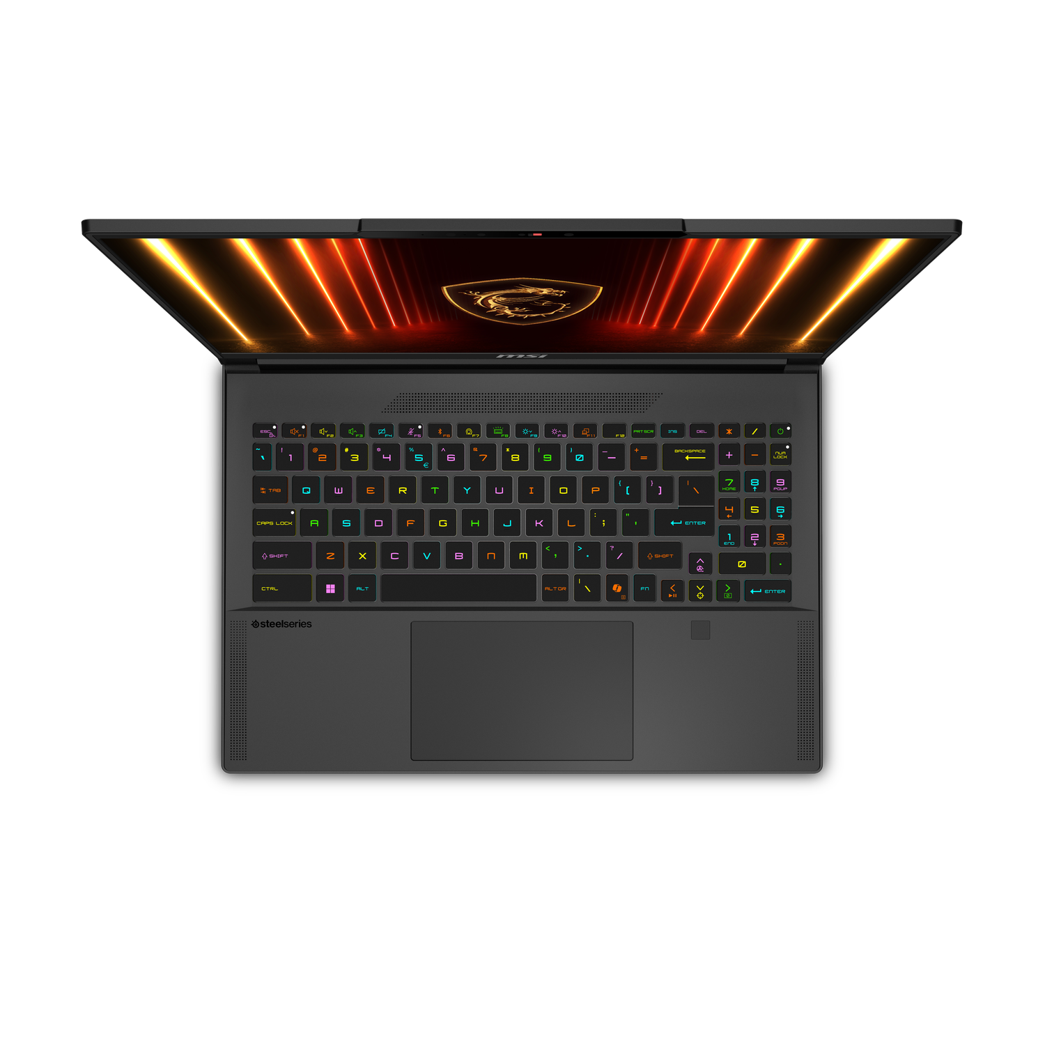 Vue de dessus d'un ordinateur portable noir avec un écran ouvert. Les touches du clavier sont multicolores. L'écran affiche un logo lumineux avec des lignes orange et rouges.