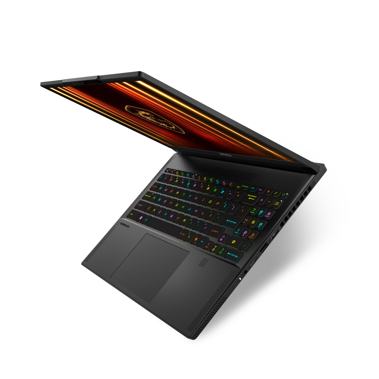 Un ordinateur portable noir est ouvert, affichant un clavier rétroéclairé coloré et un écran avec des stries orange et jaunes sur fond noir.