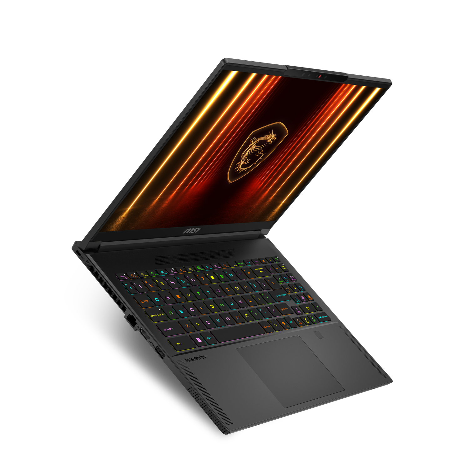 Un ordinateur portable MSI noir est ouvert, affichant un clavier coloré et un écran avec des lignes et un logo lumineux orange et jaune.