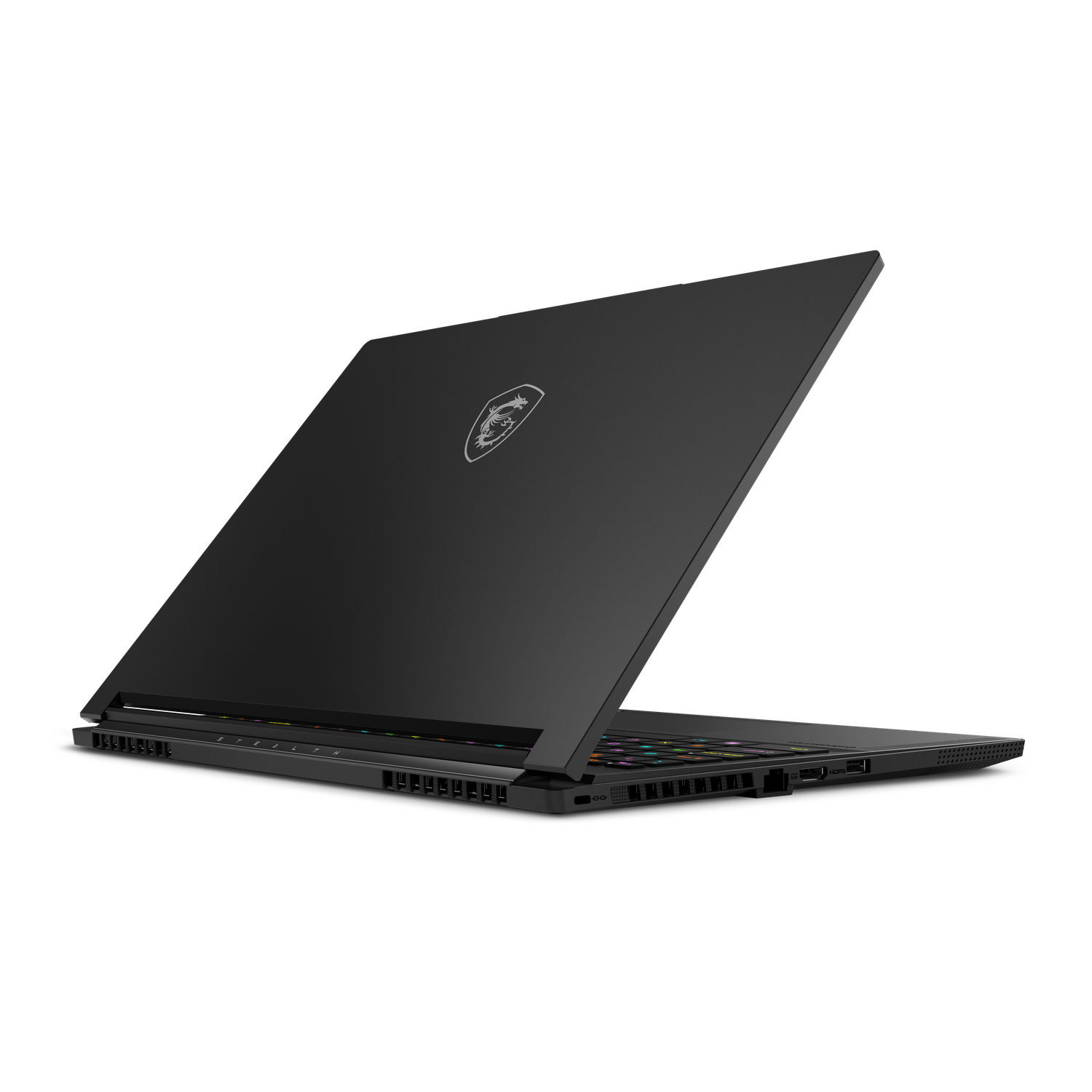 Ordinateur portable noir, ouvert en angle. Le logo MSI est visible. Clavier et ports sont affichés. Le fond est noir.