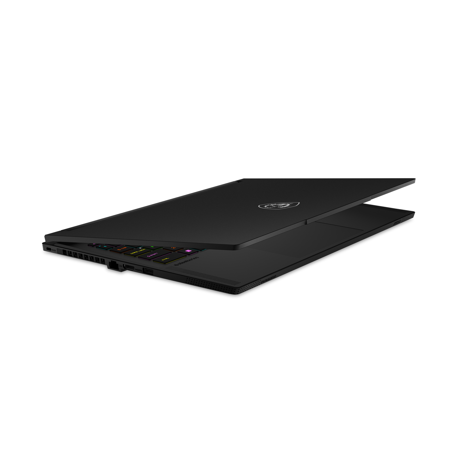 Un ordinateur portable noir est partiellement ouvert, montrant le clavier avec des touches éclairées. Le logo MSI est visible sur le couvercle.