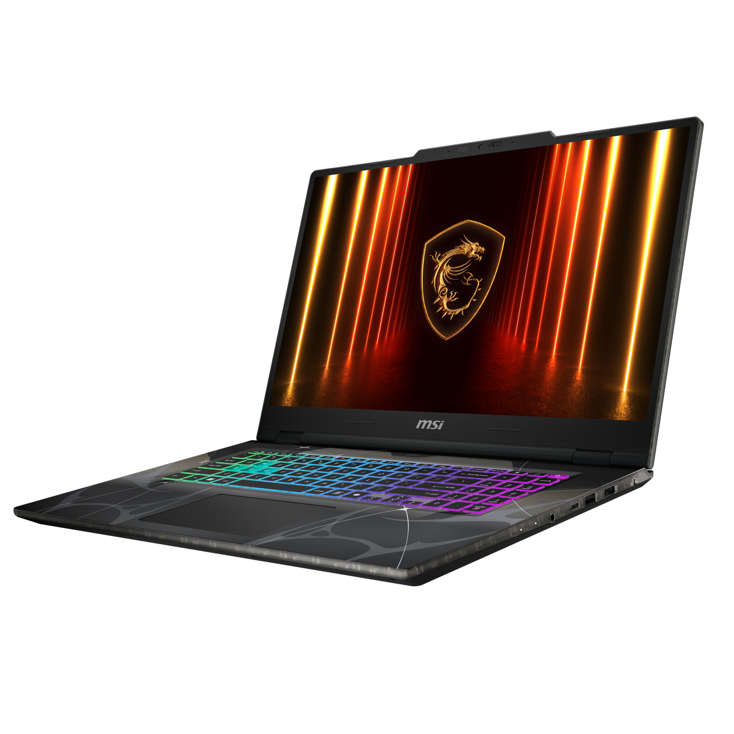 Ordinateur portable de jeu MSI avec clavier lumineux. L'écran affiche un logo de dragon et des traits de lumière orange/jaune. Fond noir.