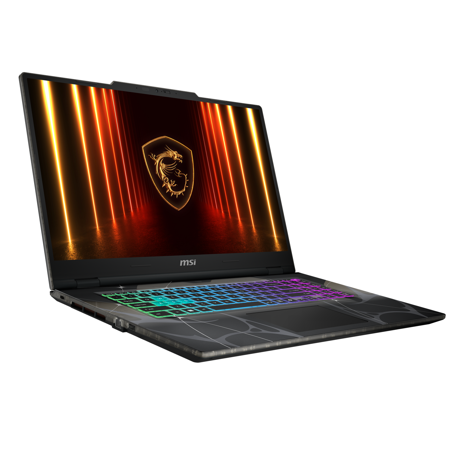 Ordinateur portable MSI avec écran lumineux. L'écran affiche un logo de dragon et des lumières oranges verticales. Le clavier a des lumières colorées.
