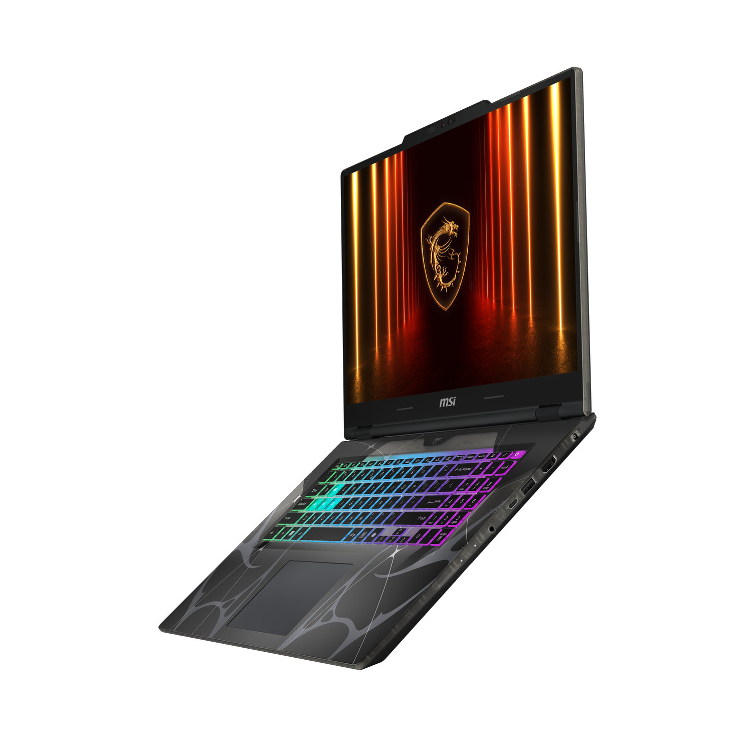 Un ordinateur portable MSI noir est ouvert, affichant un clavier lumineux et un écran avec un logo de dragon doré. Le fond est noir.