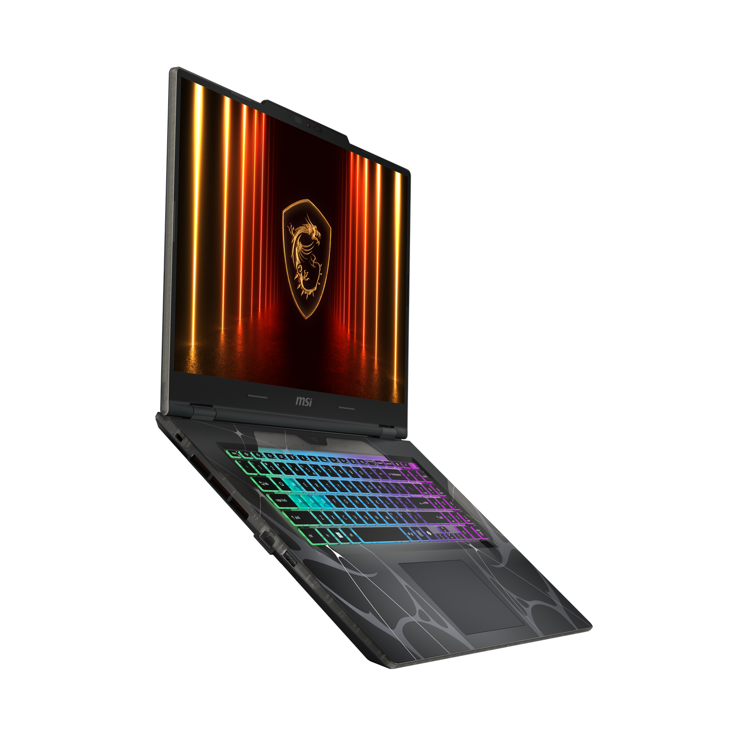 Vue en angle d'un ordinateur portable avec clavier rétro-éclairé coloré. L'écran affiche un logo de dragon. Le fond est noir.