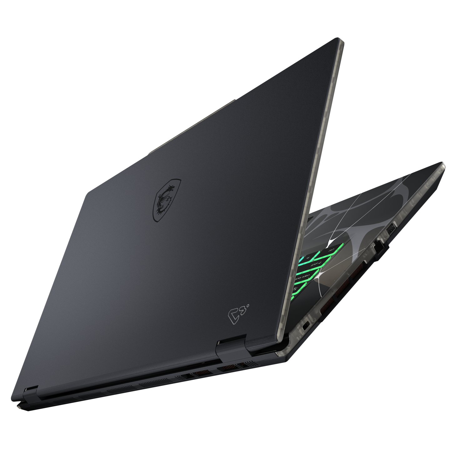 Un ordinateur portable gris foncé est ouvert, montrant le clavier et l'écran. Le logo MSI est visible, avec un fond noir.