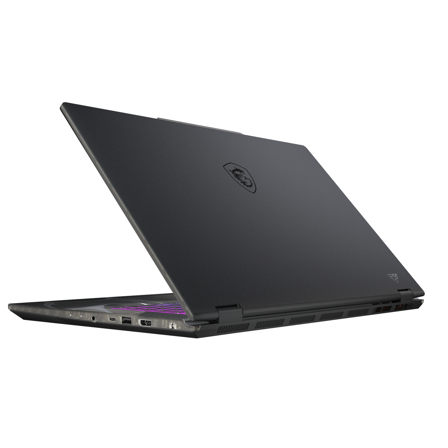 Un ordinateur portable gris foncé, légèrement ouvert. Le logo MSI est visible. Ports et ventilations sur le côté. Le fond est noir.