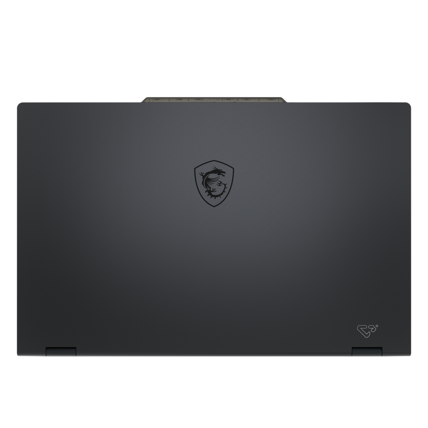 Un ordinateur portable noir centré sur fond noir. Le logo MSI est au centre. Un petit logo en bas à droite.