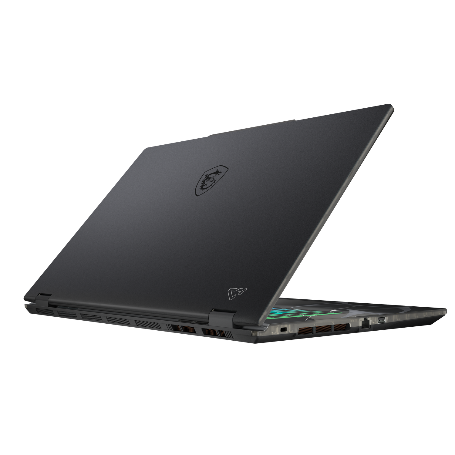 Un ordinateur portable gris foncé est légèrement ouvert, sur fond noir. Le logo MSI est visible sur le couvercle et le côté montre des ports.