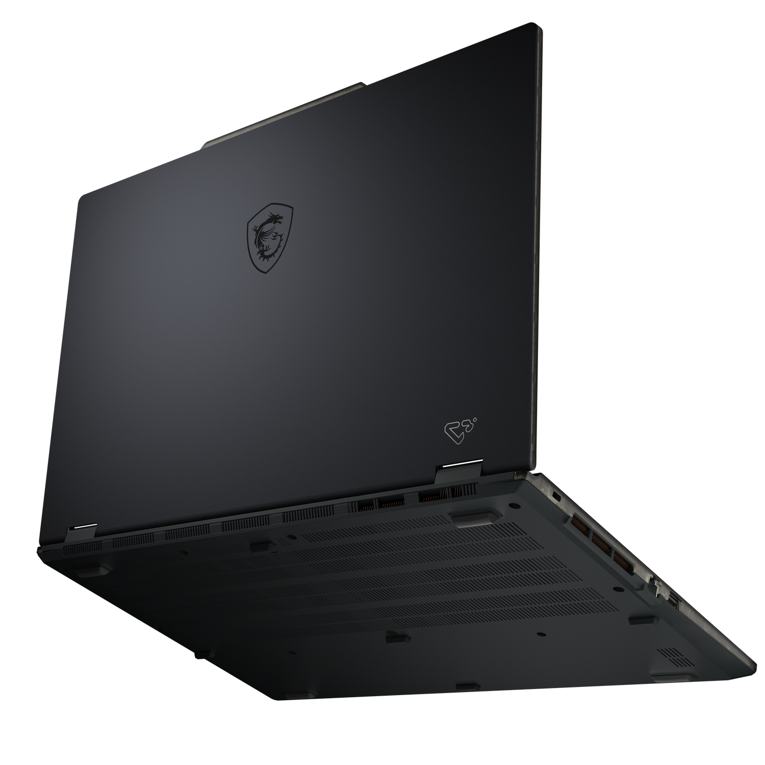 Un ordinateur portable noir est légèrement ouvert, montrant le bas et l'arrière. Le logo MSI est visible, et le fond est noir.