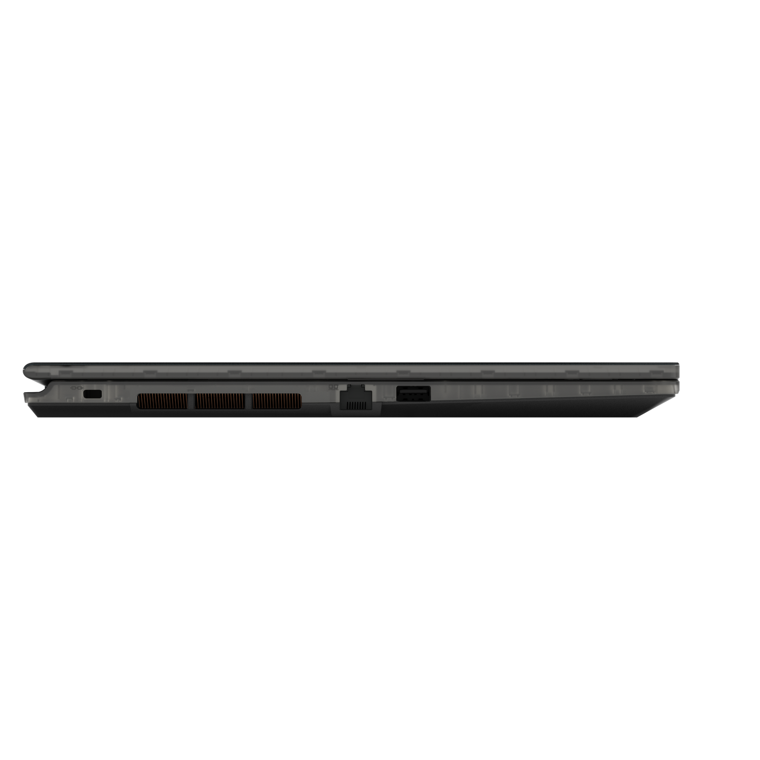 Vue latérale d'un ordinateur portable gris foncé. Ports visibles : USB, Ethernet et entrée d'alimentation. L'ordinateur est fermé et au repos.