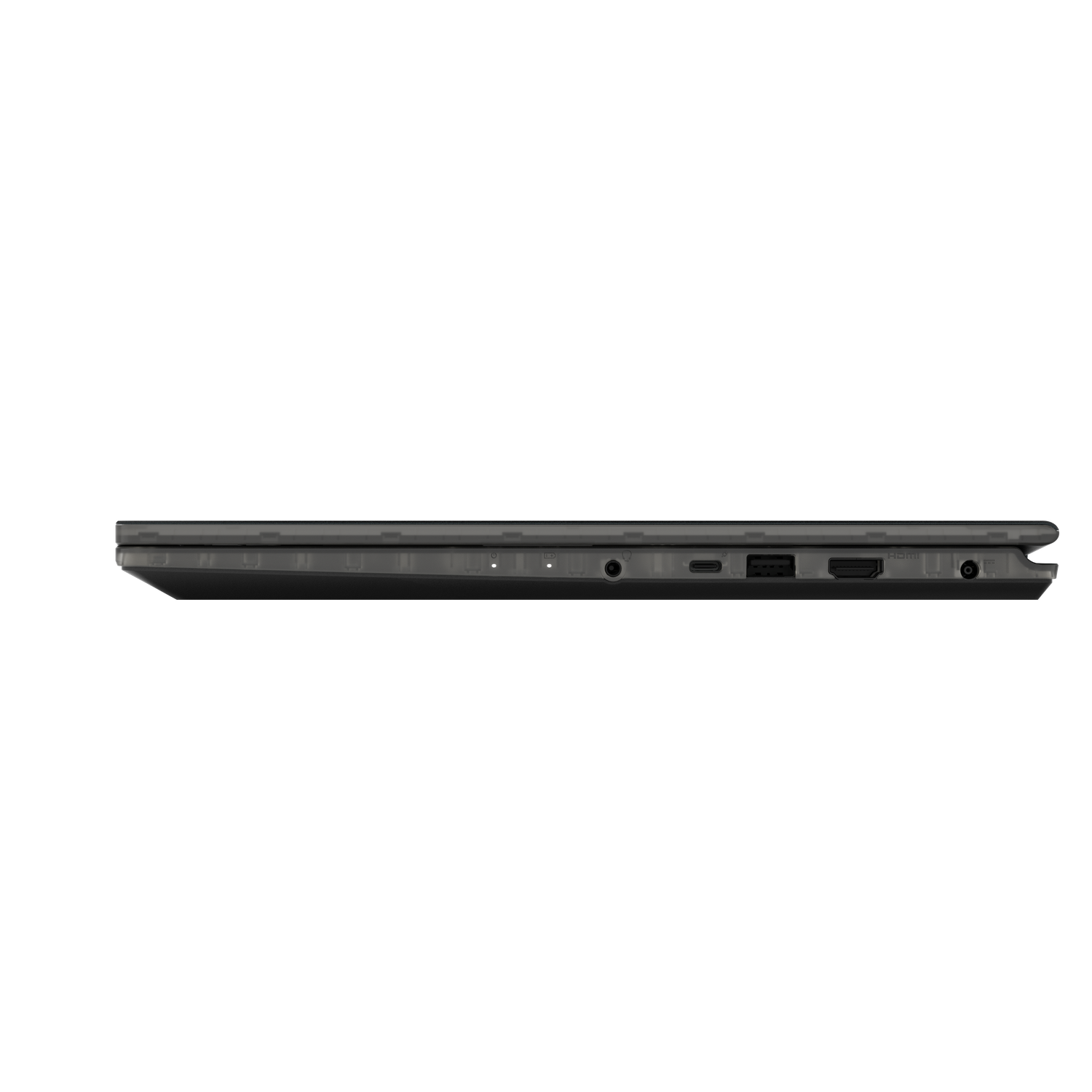 Vue latérale d'un ordinateur portable gris. Les ports visibles incluent USB, HDMI et prise audio, le tout sur fond noir.
