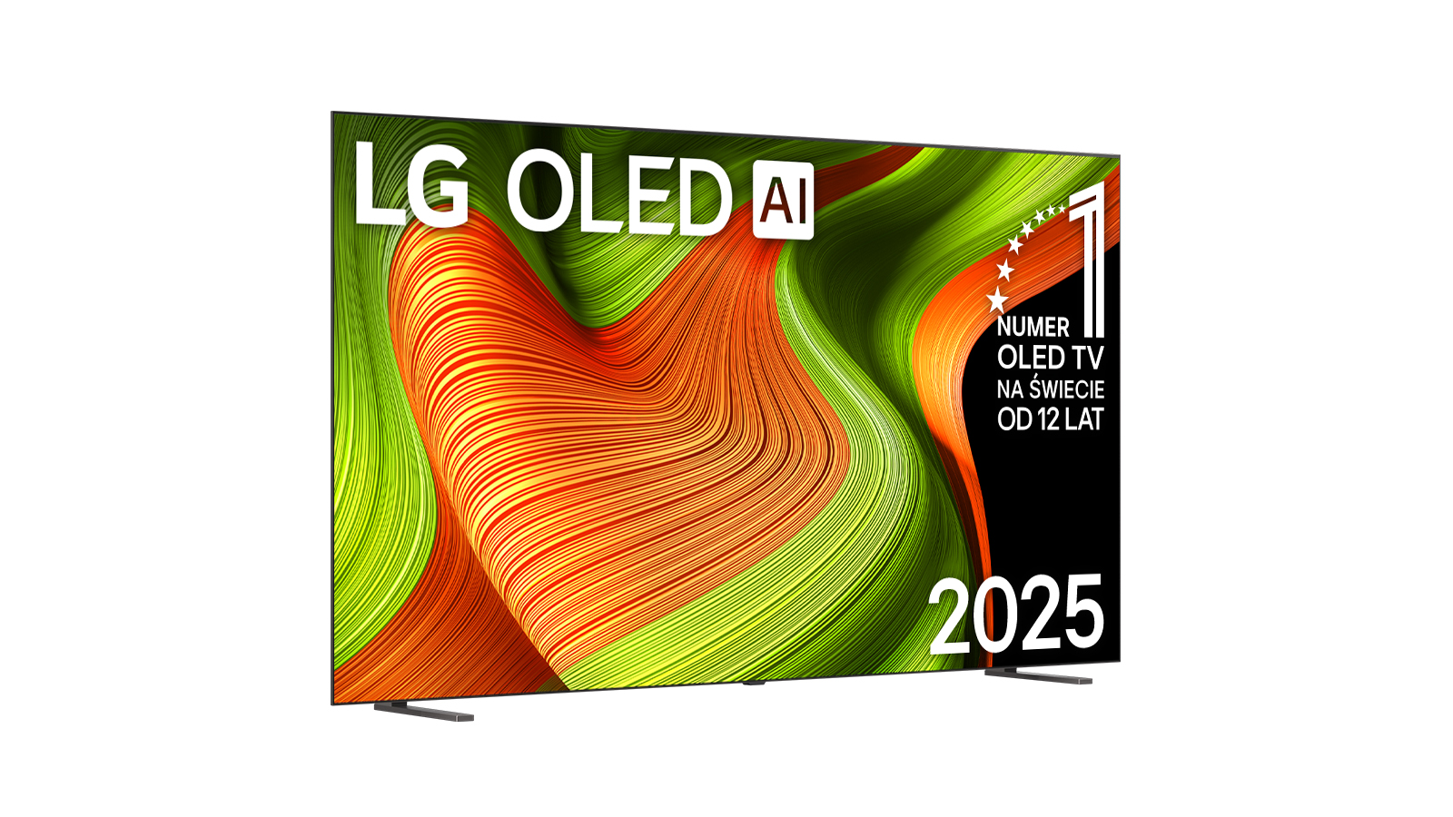 Telewizor LG OLED AI. Wyświetlacz pokazuje abstrakcyjny wzór pomarańczowych, zielonych i żółtych wirów. Tekst i rok 2025.