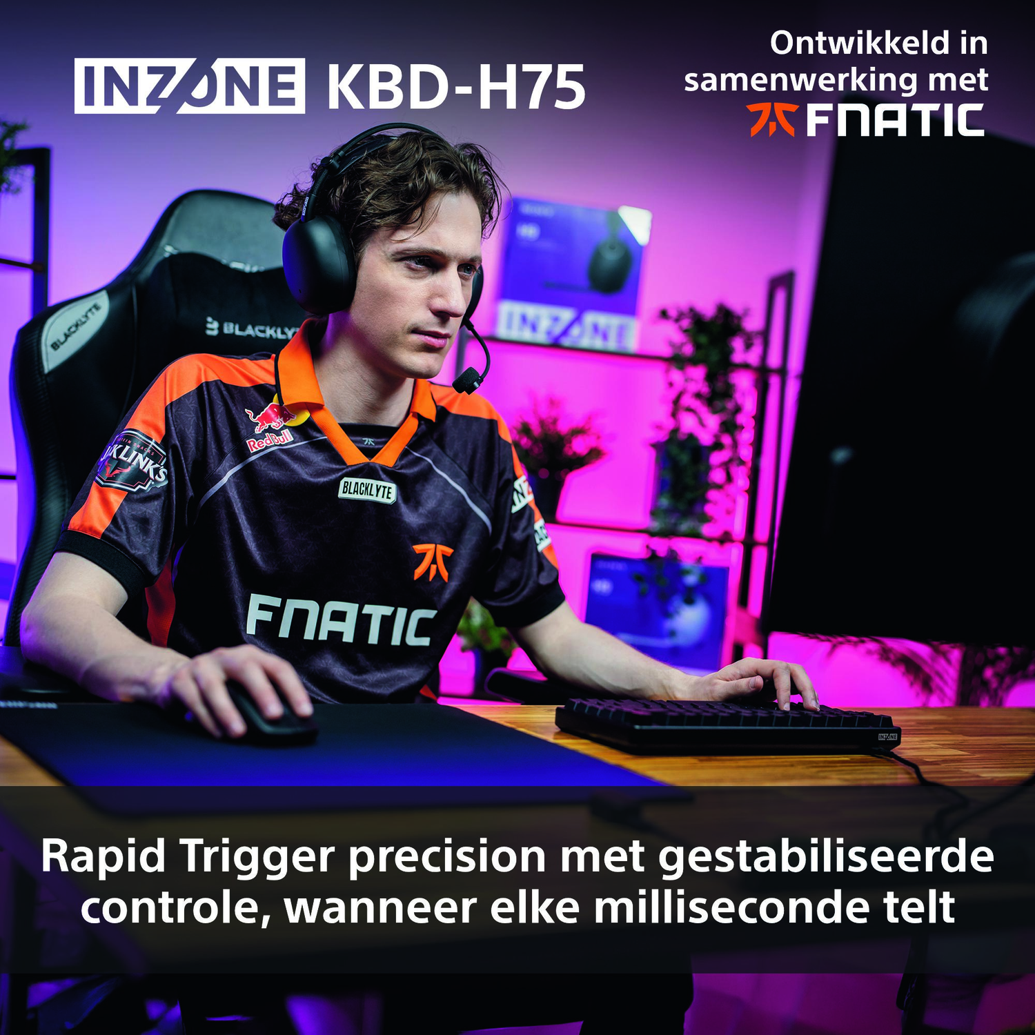 A gamer wearing a headset sits at a desk with a keyboard and mouse. The image promotes INZONE KBD-H75 with FNATIC.