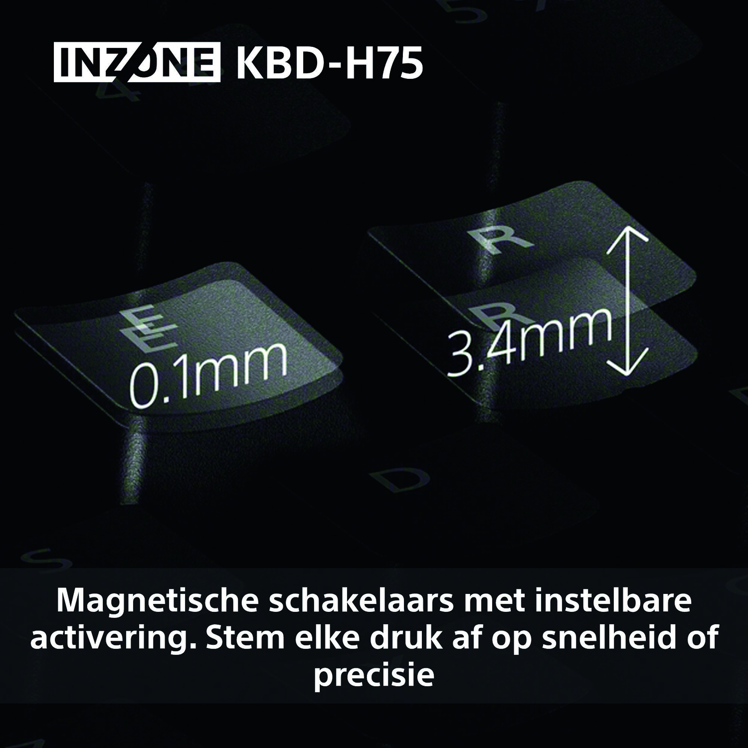 Close-up of keyboard keys showing measurements: 0.1mm and 3.4mm. Text at top: INZONE KBD-H75. Bottom text: Magnetic switches, speed or precision.