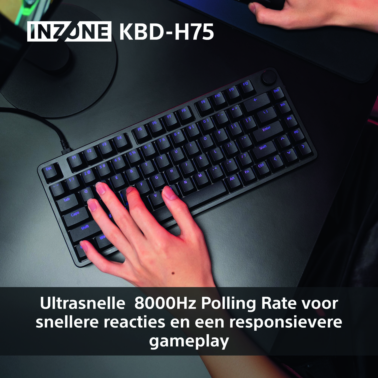 A black INZONE KBD-H75 keyboard with blue lit keys. A hand is typing on it. Text at the bottom mentions fast polling rate.