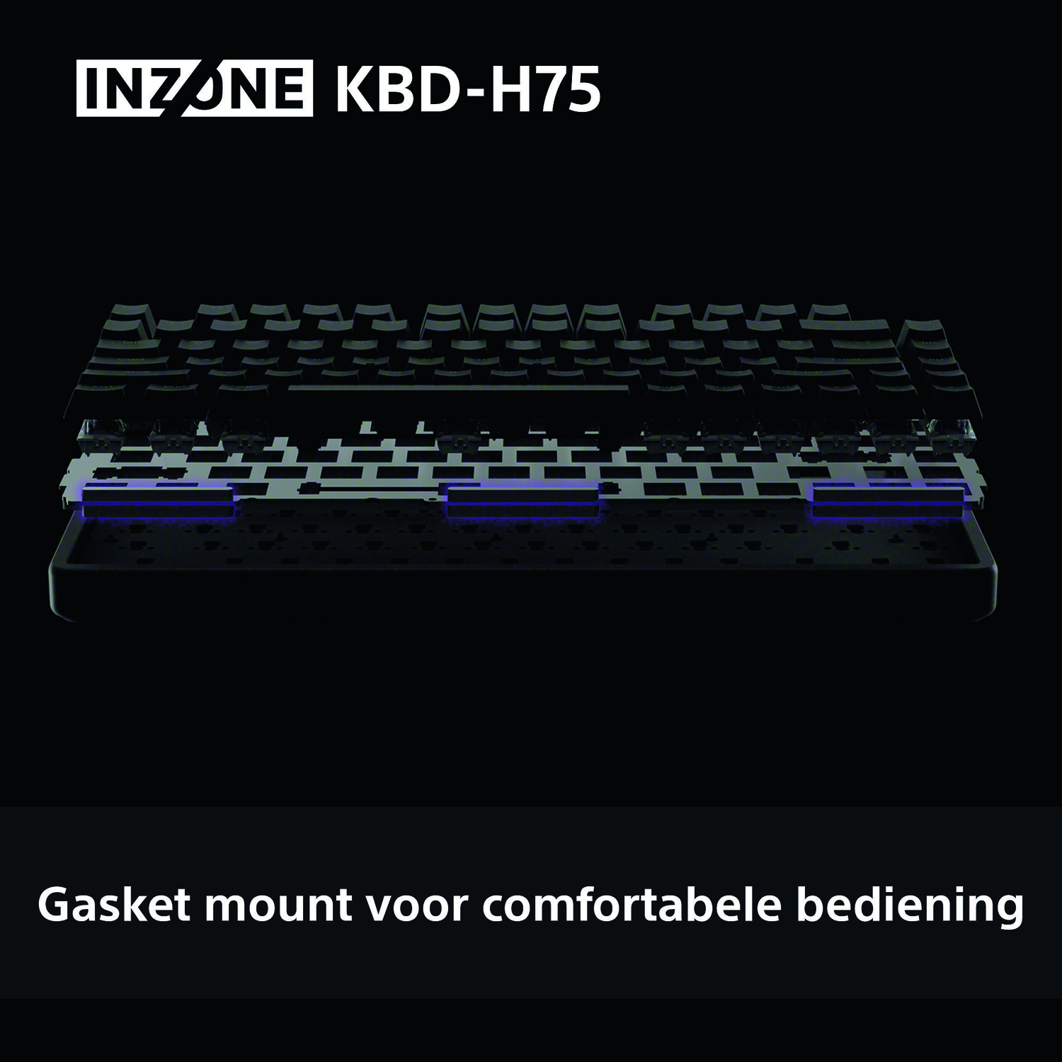 A black keyboard with blue lighting under the keys. The top shows the brand name INZONE KBD-H75. Text at the bottom reads 'Gasket mount'.