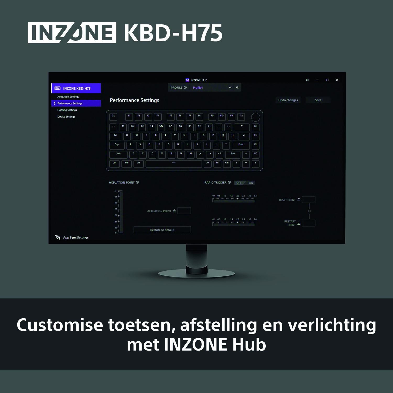 A monitor shows INZONE Hub interface. It allows customization of settings for a keyboard including actuation point and lighting.