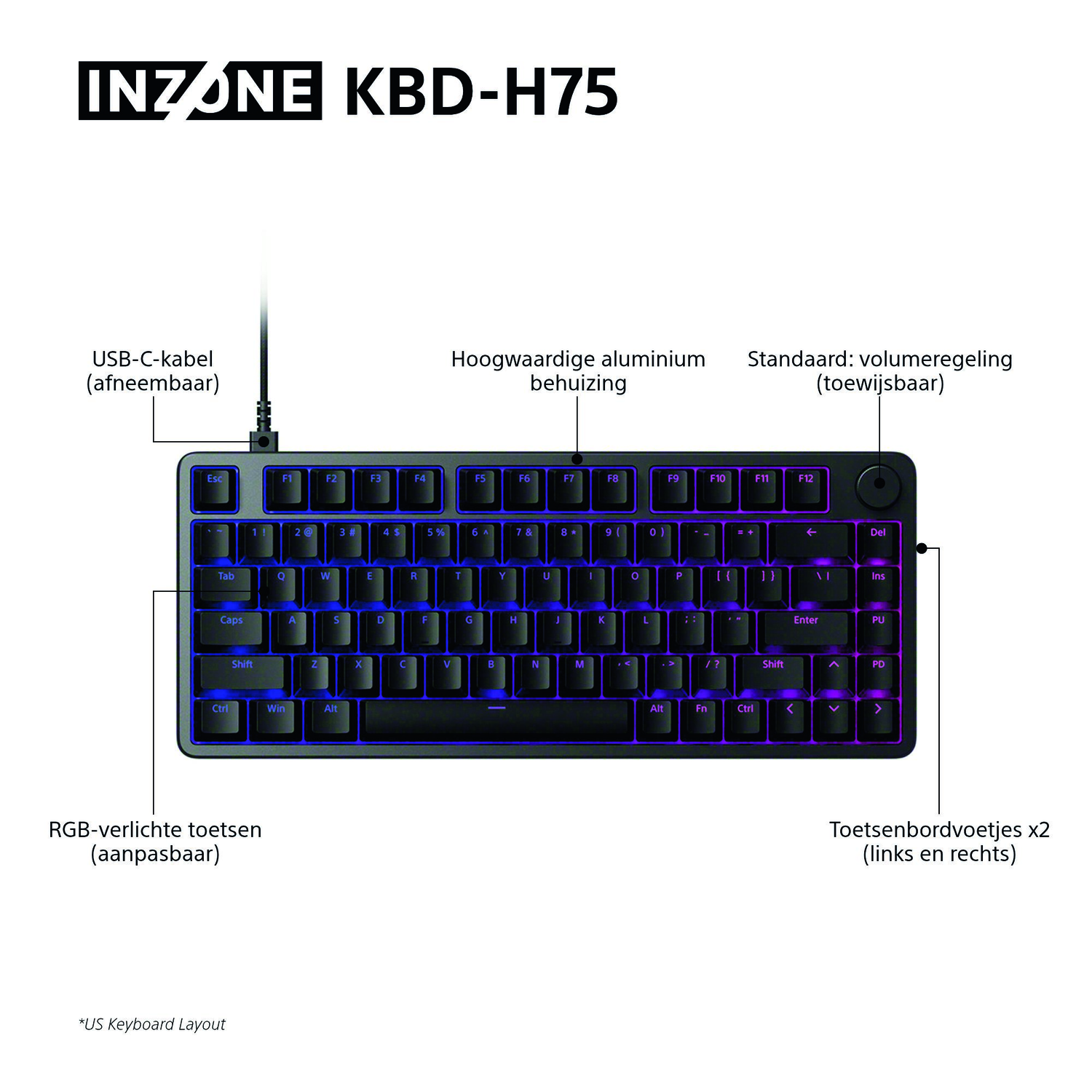 A black keyboard with RGB lights. It has function keys, letters, numbers, and special characters. Labeled: INZONE KBD-H75.