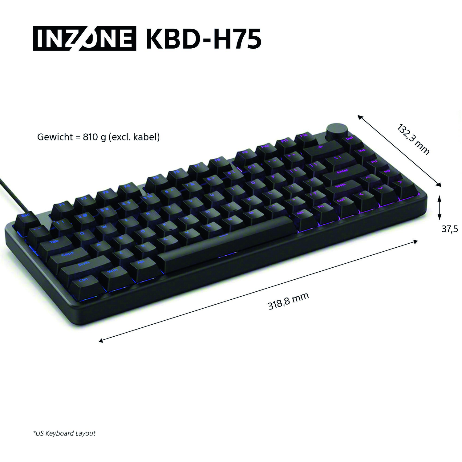 Black INZONE KBD-H75 keyboard on white. Dimensions are shown. Has blue backlit keys. Weight 810g.