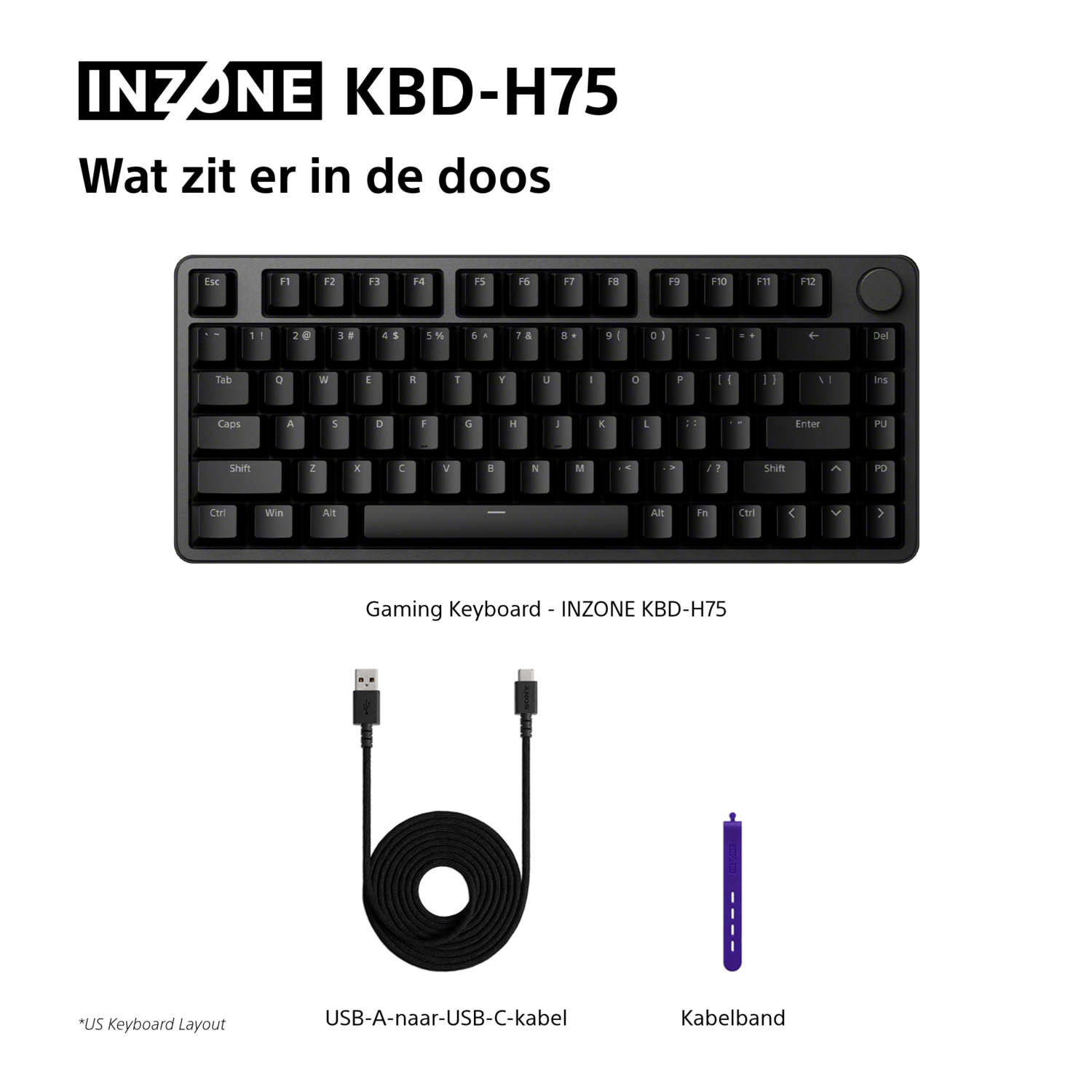 Black INZONE KBD-H75 keyboard with USB cable and cable tie. Text: Wat zit er in de doos. US keyboard layout.