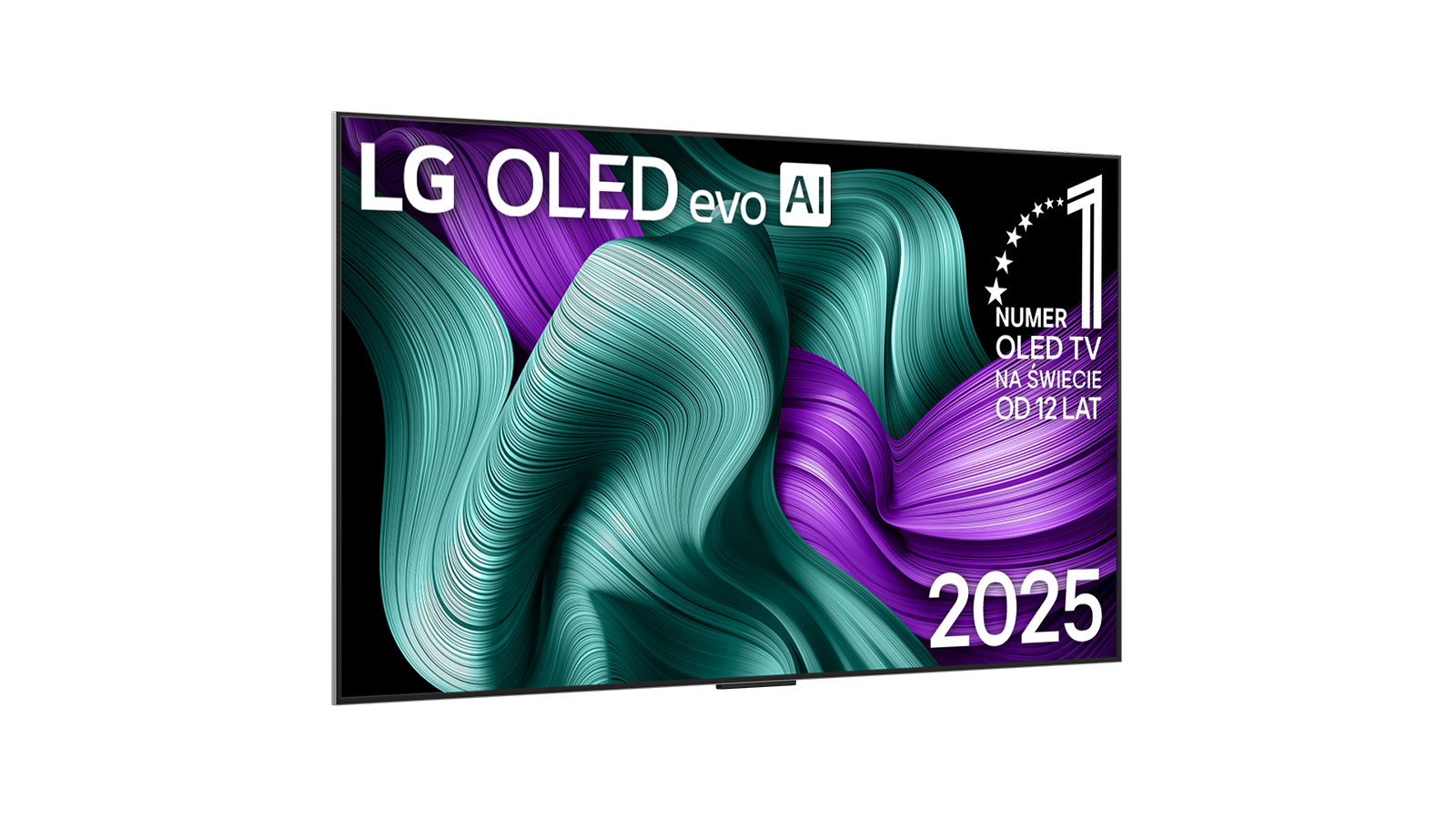 Telewizor LG OLED evo AI. Ekran wyświetla abstrakcyjne zielone i fioletowe wiry. Ma etykietę „Numer 1 OLED TV” i „2025”.