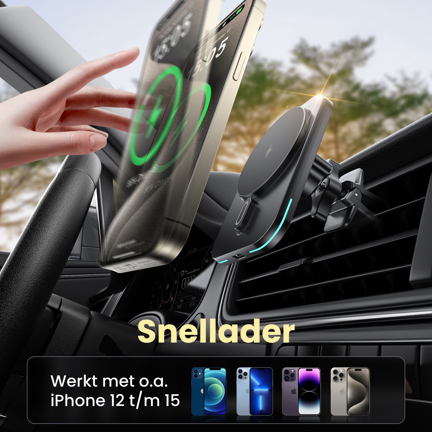 A phone is charging on a car mount. The screen shows 86% charged.  The background is a car dashboard and a blurred outdoor view.