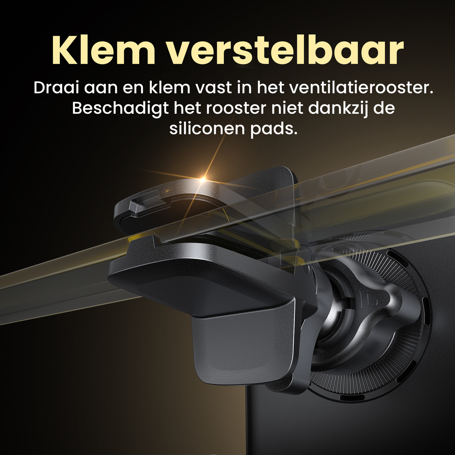 A black adjustable clamp is shown. Text says it clamps in the vent and does not damage due to silicone pads. Background is dark.