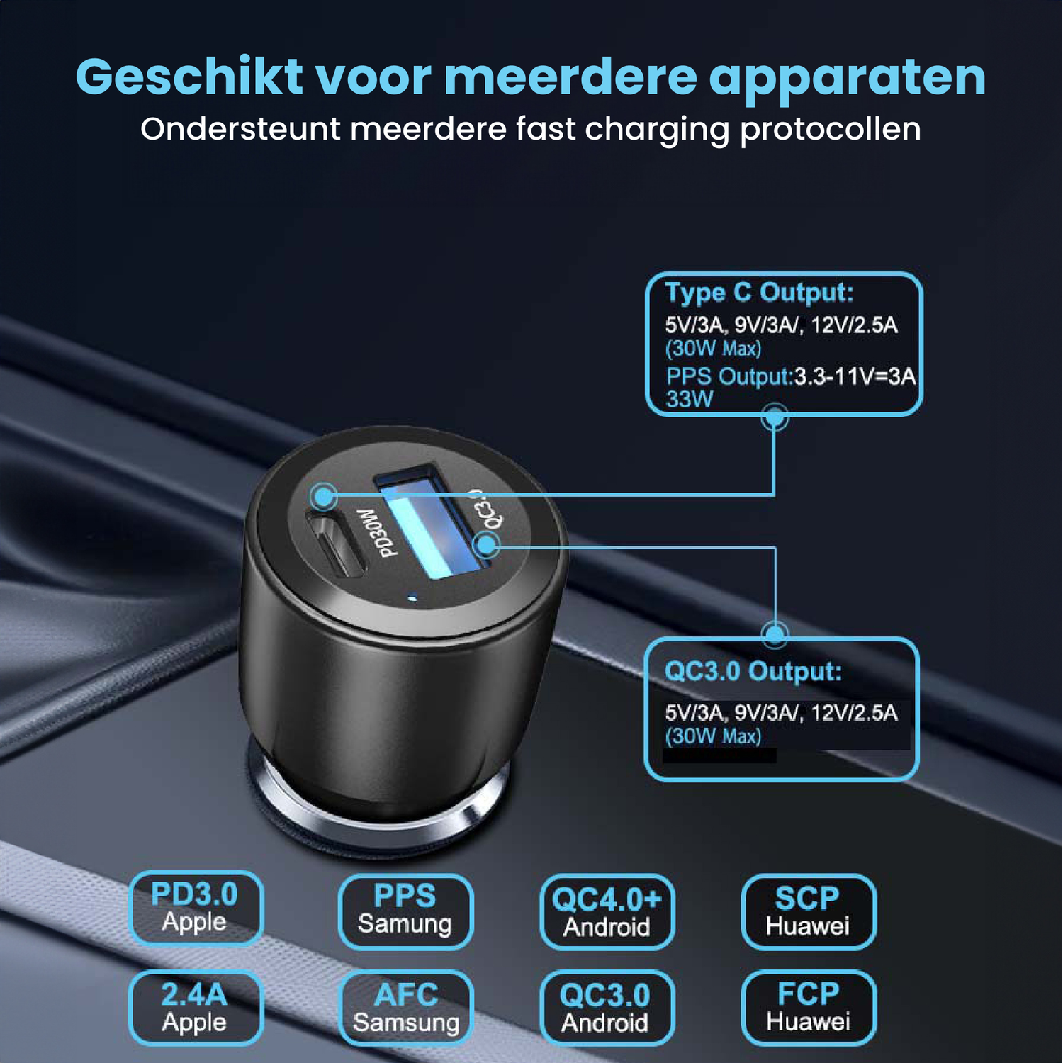 A car charger with multiple fast-charging protocols. It has a Type C output and a QC3.0 output, supporting various charging standards for different devices.