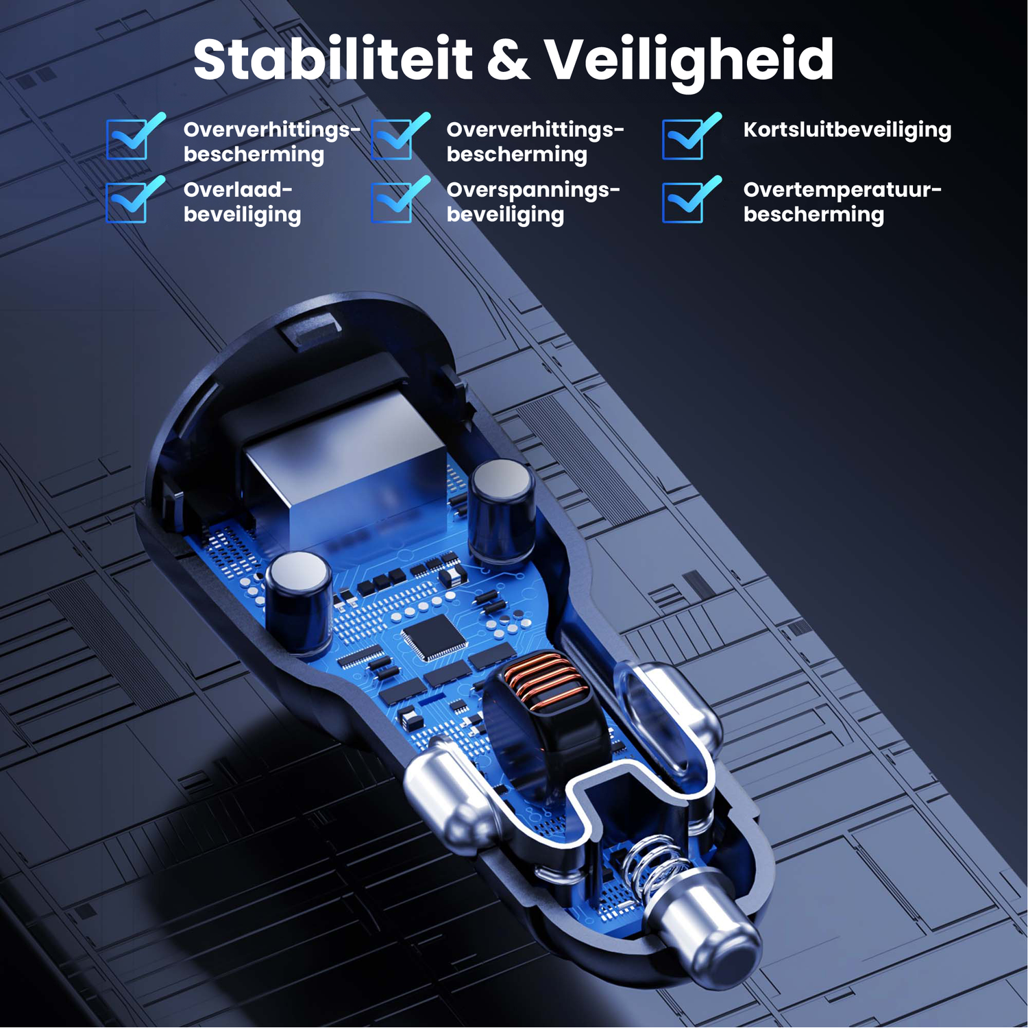 An electronic device with blue circuit board, safety features are listed. Text includes 'Stability & Safety' and several check marks.