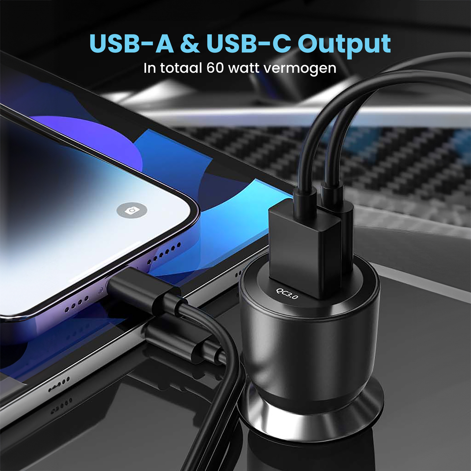 Black charger plugged into a phone and tablet. Text reads USB-A & USB-C Output, In totaal 60 watt vermogen.