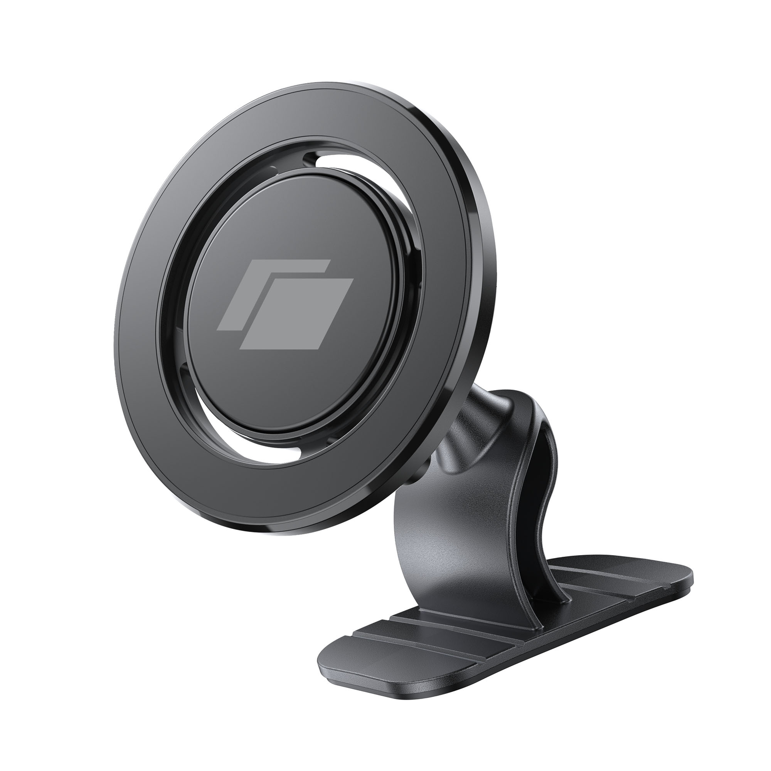 A black car phone holder. It has a circular head with a logo and a base for attaching to the car.