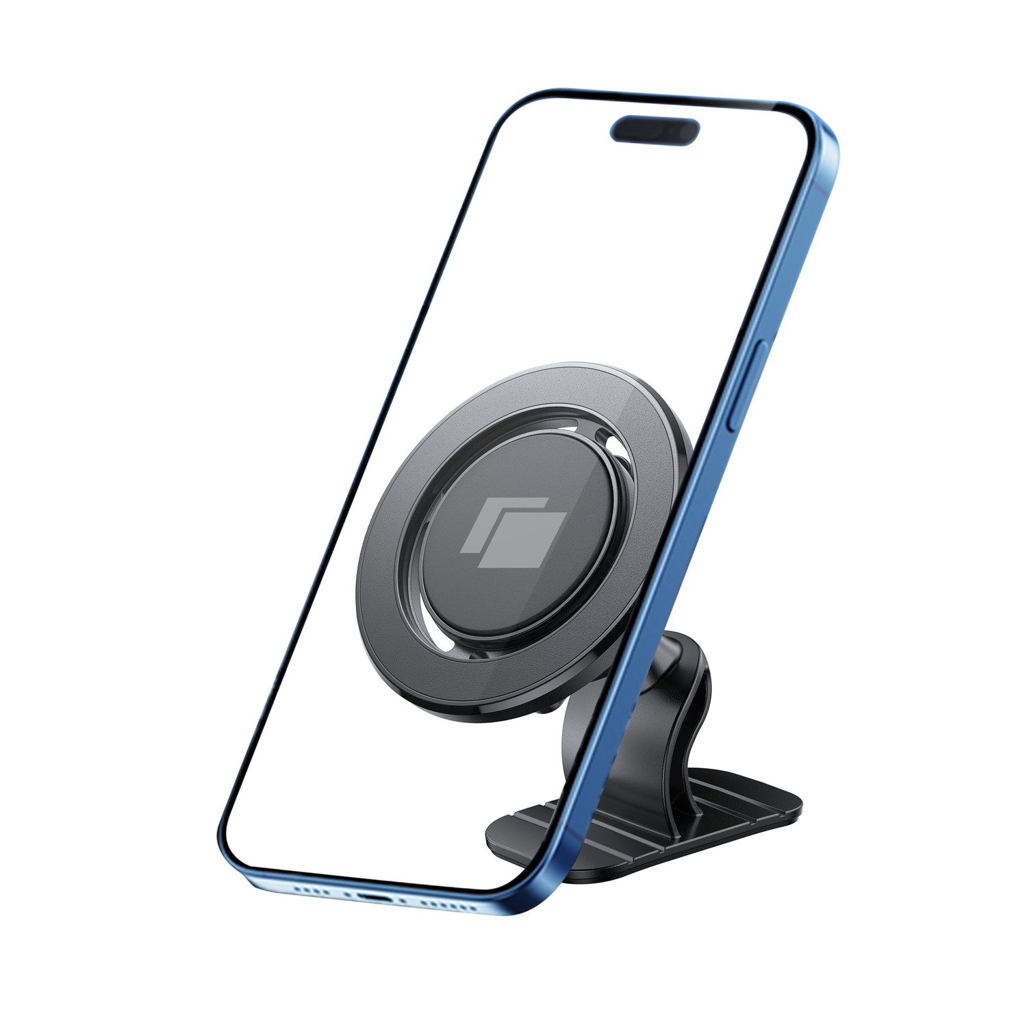A blue phone with a black phone holder is on a white background. The holder attaches to the phone with a magnetic ring.