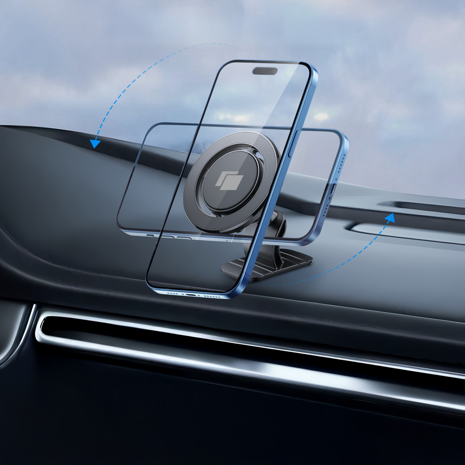 A phone in a blue case is mounted on a car dashboard. The phone is held by a magnetic holder.