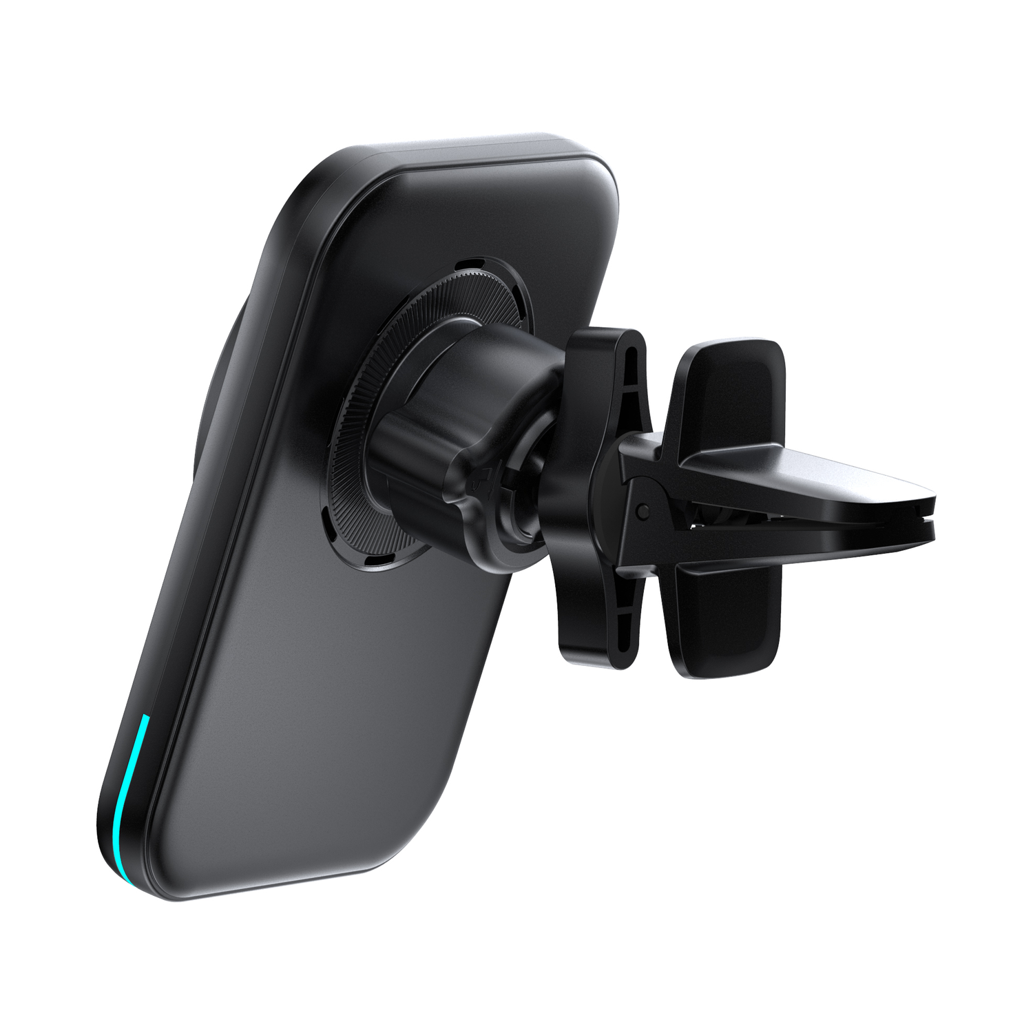 A black car phone holder. It has a rectangular pad with a blue line and a vent clip.