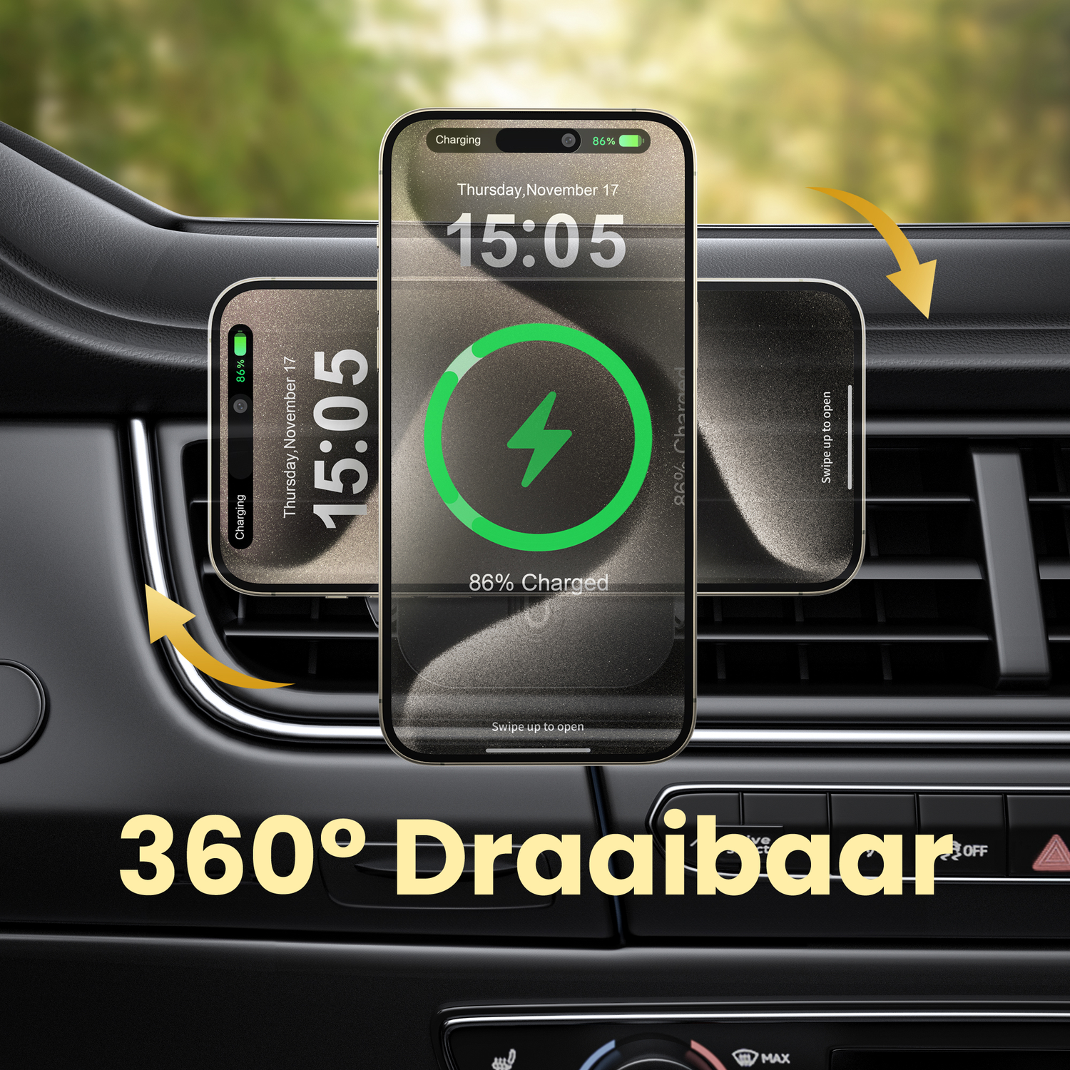 Three phones are mounted in a car, showing charging status. The background shows the car's dashboard and a blurred green scenery.