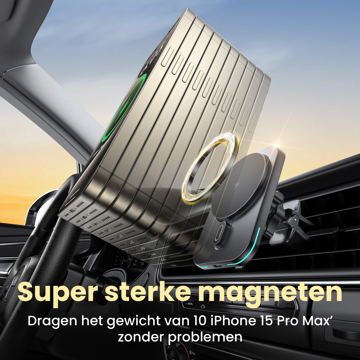 A car phone holder with a magnetic charging pad, mounted on a car's air vent. Text reads: 'Super strong magnets', holding 10 iPhones.