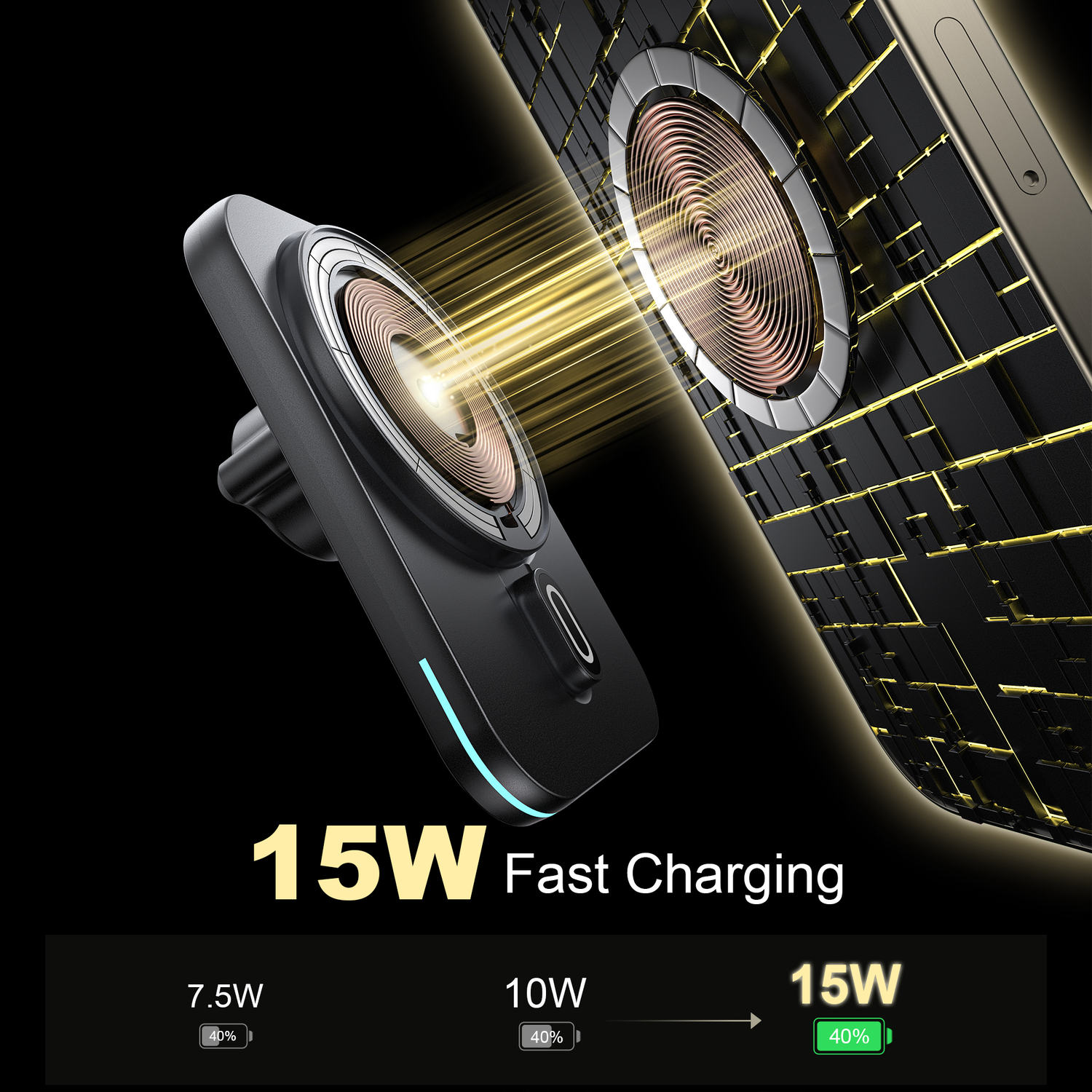 A black wireless charger with a phone charging. The charger has a blue light and displays 15W fast charging.