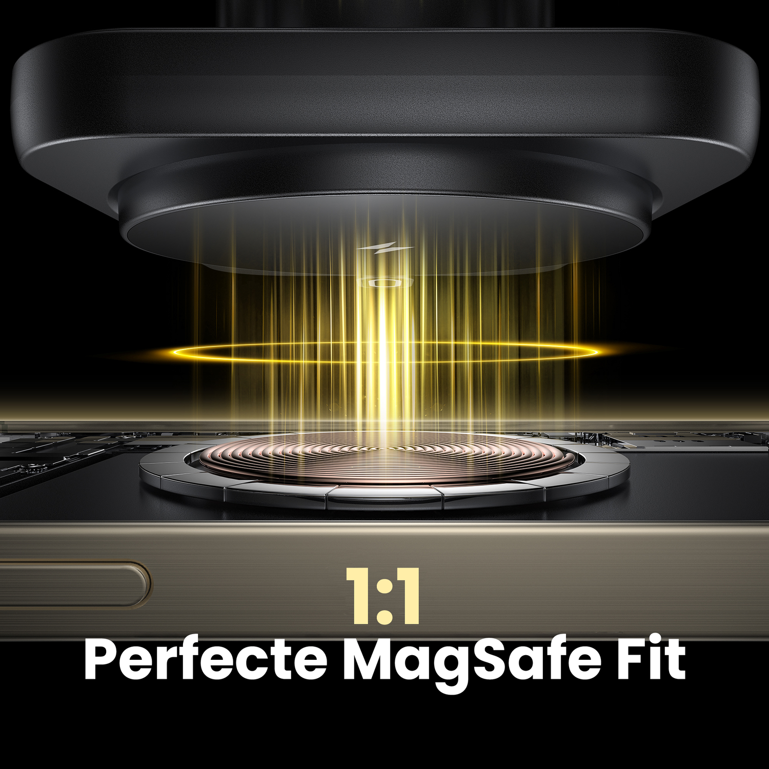 A wireless charging device with an illuminated golden energy transfer. The text "1:1 Perfecte MagSafe Fit" is displayed below.