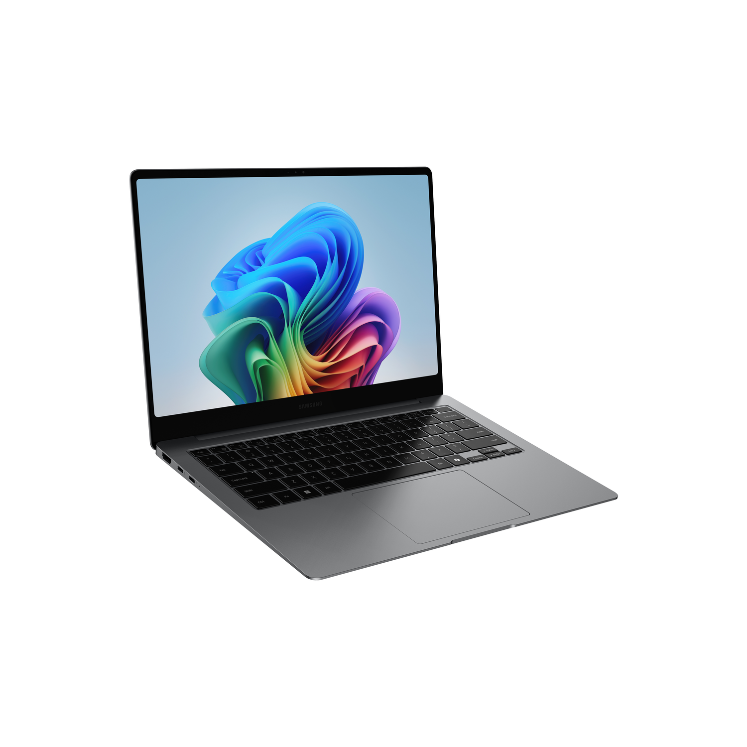 A gray laptop is open, displaying a colorful abstract image. The keyboard and trackpad are visible. The background is white.