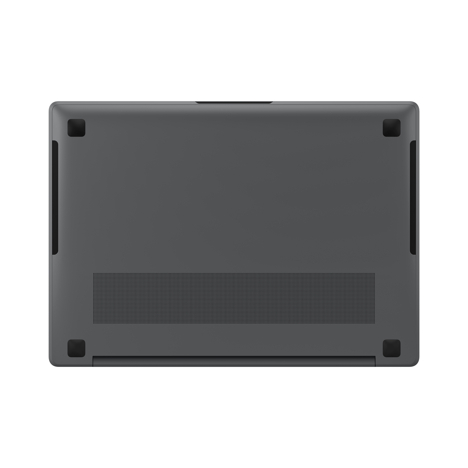 Bottom view of a dark gray laptop. Four black rubber feet are visible. Ventilation holes are present at the bottom.