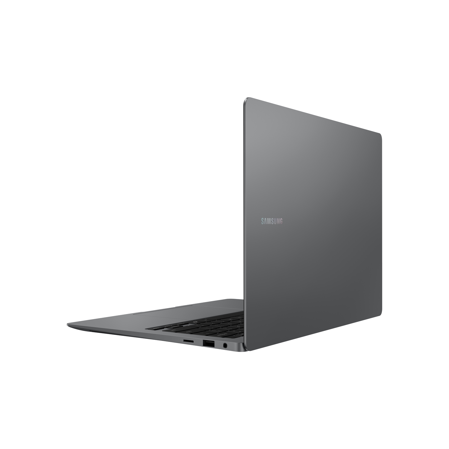 A gray Samsung laptop is slightly open, showing the keyboard and ports. The Samsung logo is on the lid. The background is white.
